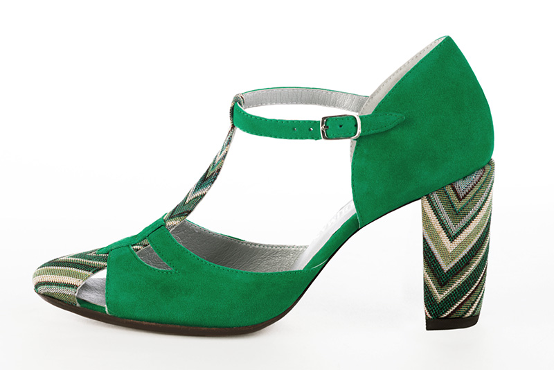 Emerald green women's T-strap open side shoes. Round toe. Very high block heels. Profile view - Florence KOOIJMAN